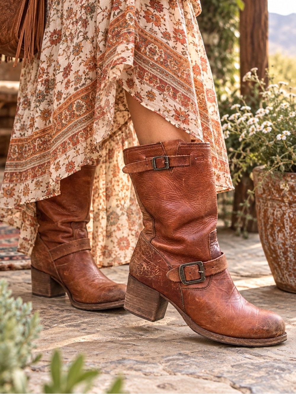Frye Cognac Leather Double Buckle Distressed Slouch Boots 9B Made in Mexico